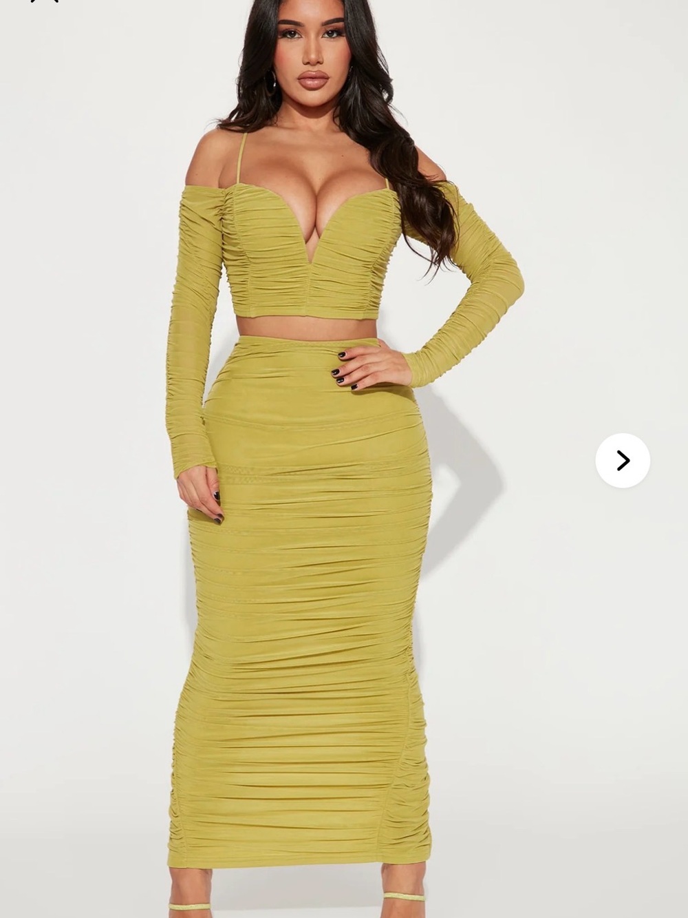 Charteuse Green Ruched Bodycon Midi Skirt - Women